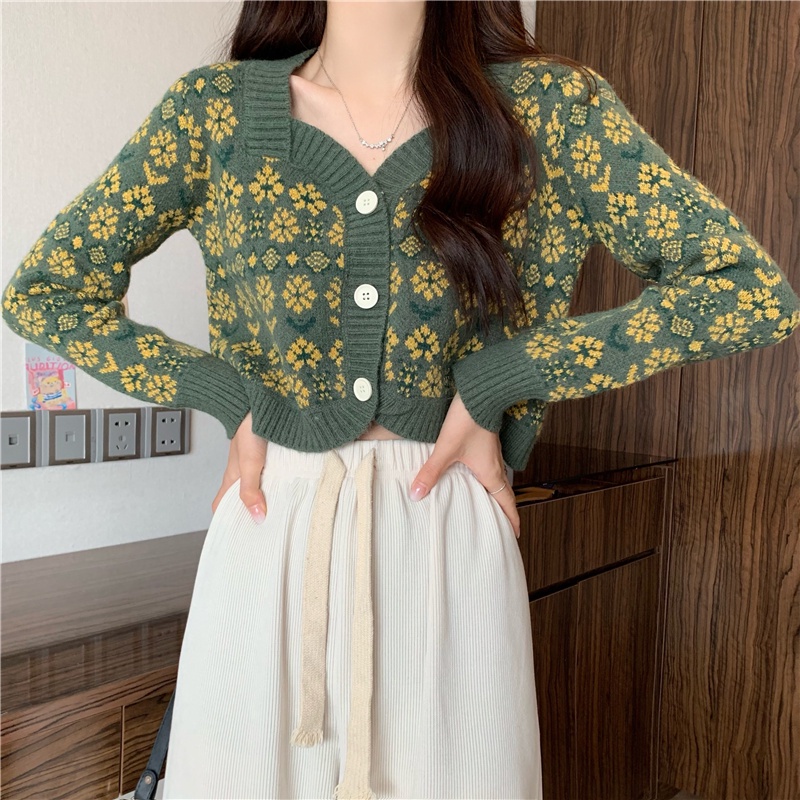 IELGY    Áo Khoác cardigan Dệt Kim Tay Dài In Họa Tiết Hoa Phong Cách Nhật Bản Cho Nữ