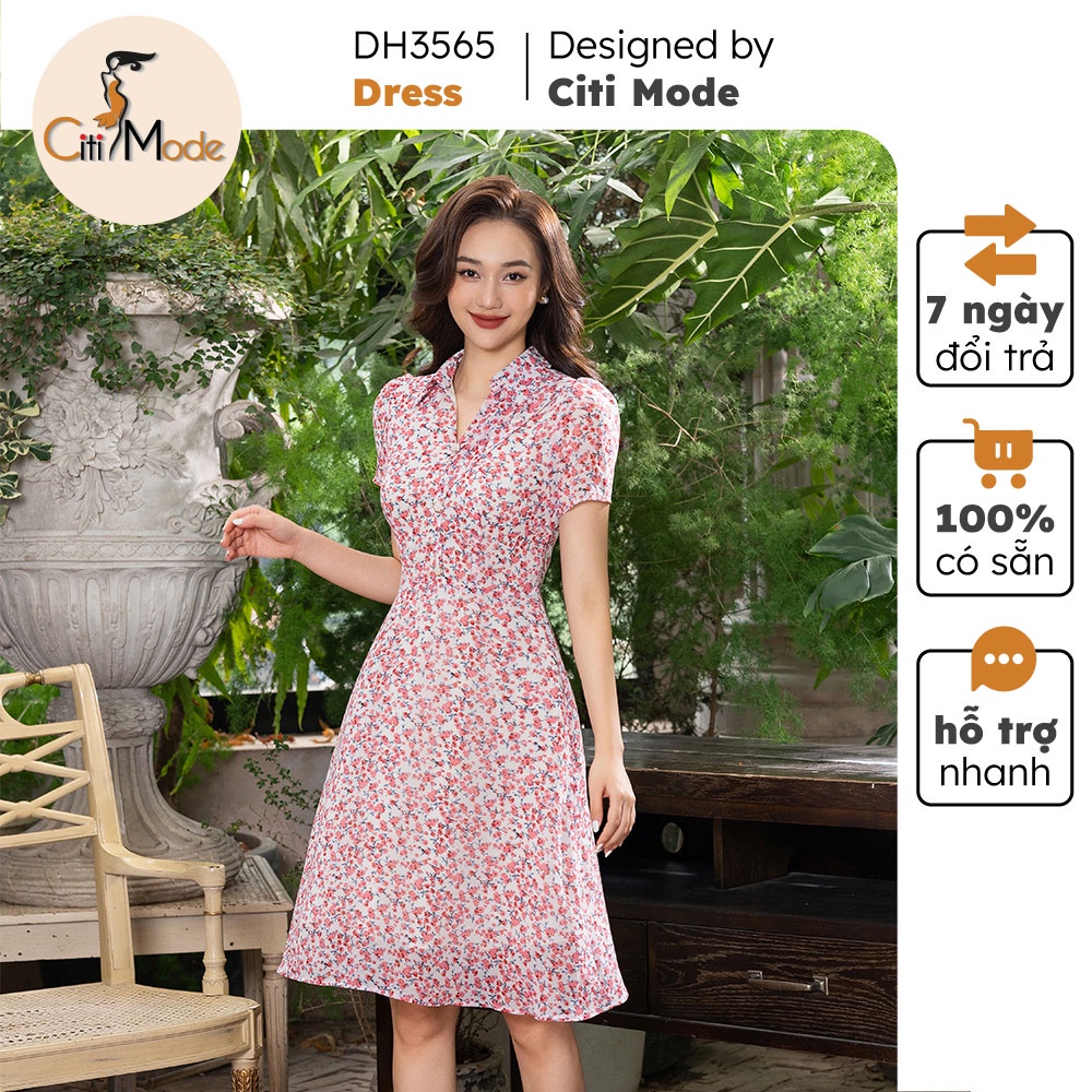Đầm xòe công sở CITI MODE cổ đức hoa nhí đỏ chất Voan cao cấp DH3565
