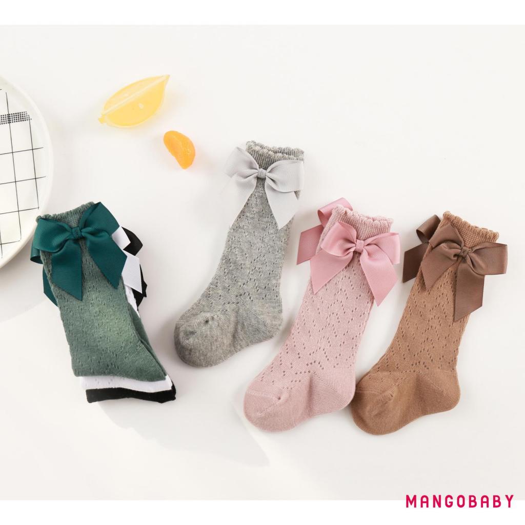 Vớ Cotton Phối Lưới Màu Trơn Thoáng Khí Đính Nơ Trang Trí Xinh Xắn Cho Bé Gái 0-3 Tuổi