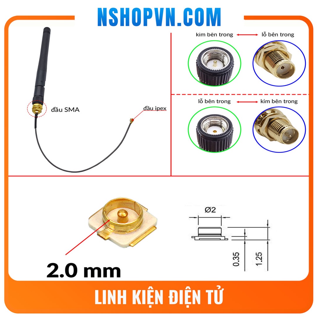 Dây chuyển đổi IPEX U.FL sang SMA 4 chân 10cm, cable anten IPX Bluetooth | WiFi | GSM | 4G | 2.4G