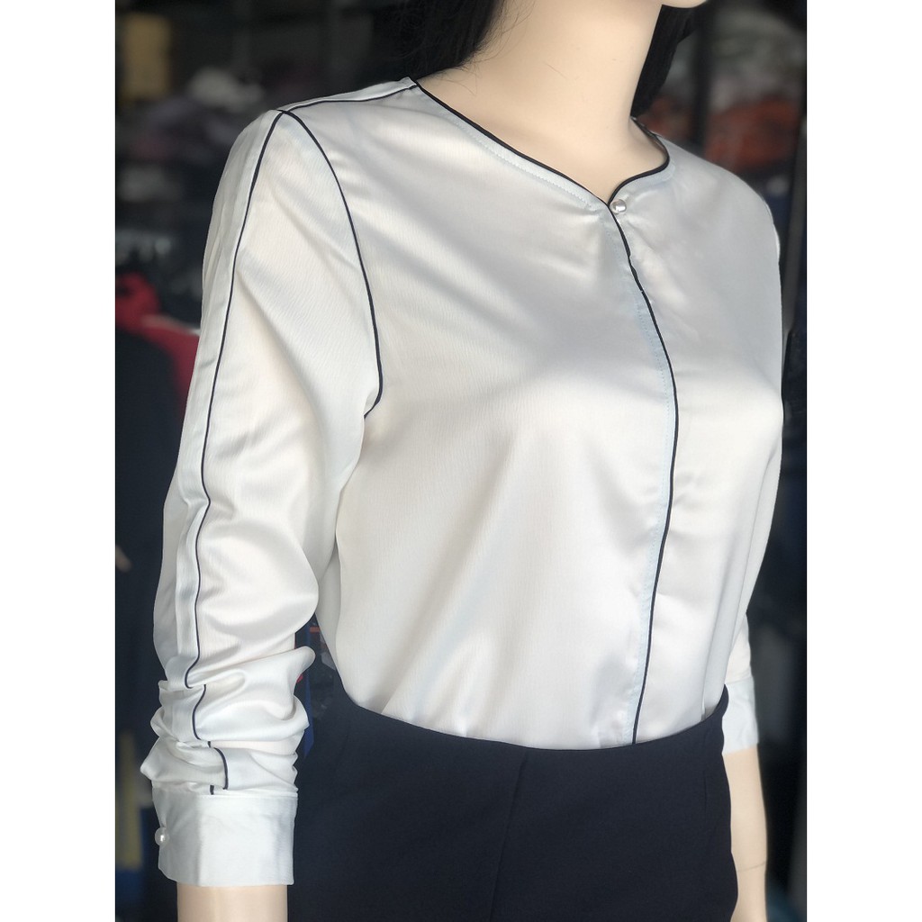 Sơ mi nữ hàng cao cấp/FREESHIP EXTRA/ ÁO sơ mi dài tay cổ V viền đen