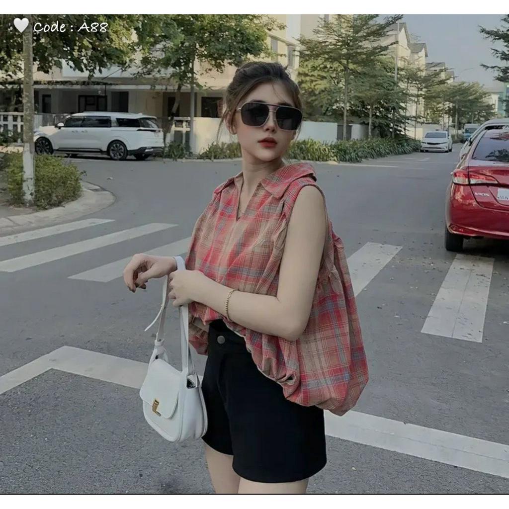 áo sơ mi sát nách carro đỏ hồng xinh bồng bồng