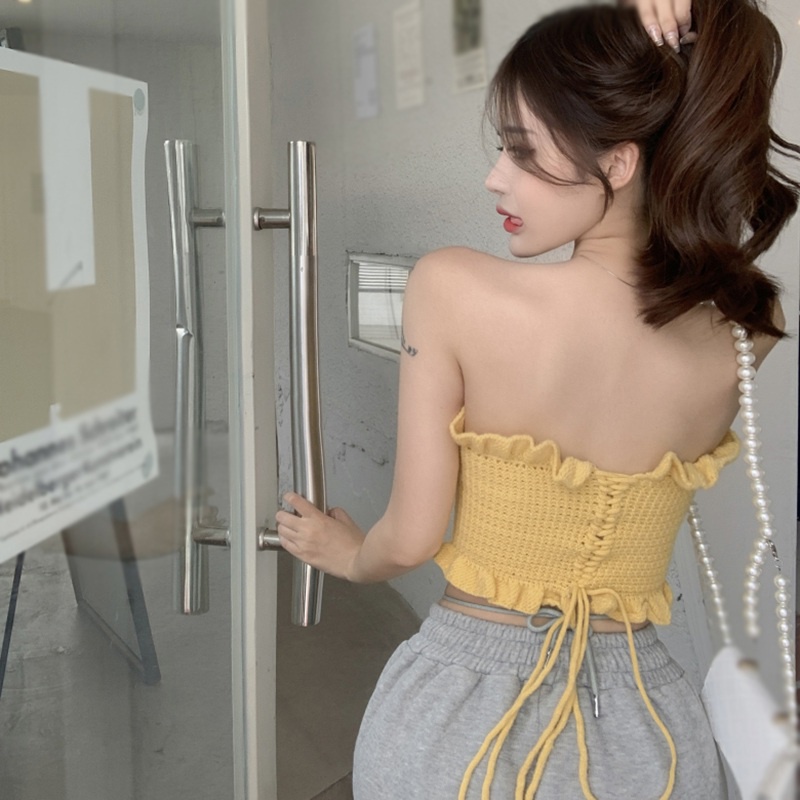 Áo Croptop Dệt Kim Màu Sắc Trơn Phối Dây Rút Phong Cách Hàn Quốc Quyến Rũ | BigBuy360 - bigbuy360.vn