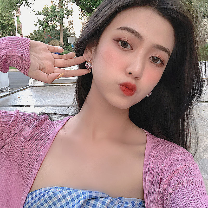 Bông Tai Hình Trái Tim Đính Đá Dễ Thương Phong Cách Hàn Quốc