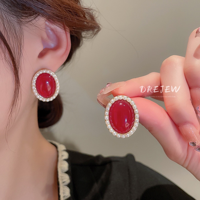 DREJEW Bông Tai Mạ Bạc Hình Oval Đính Ngọc Trai Thời Trang Cao Cấp