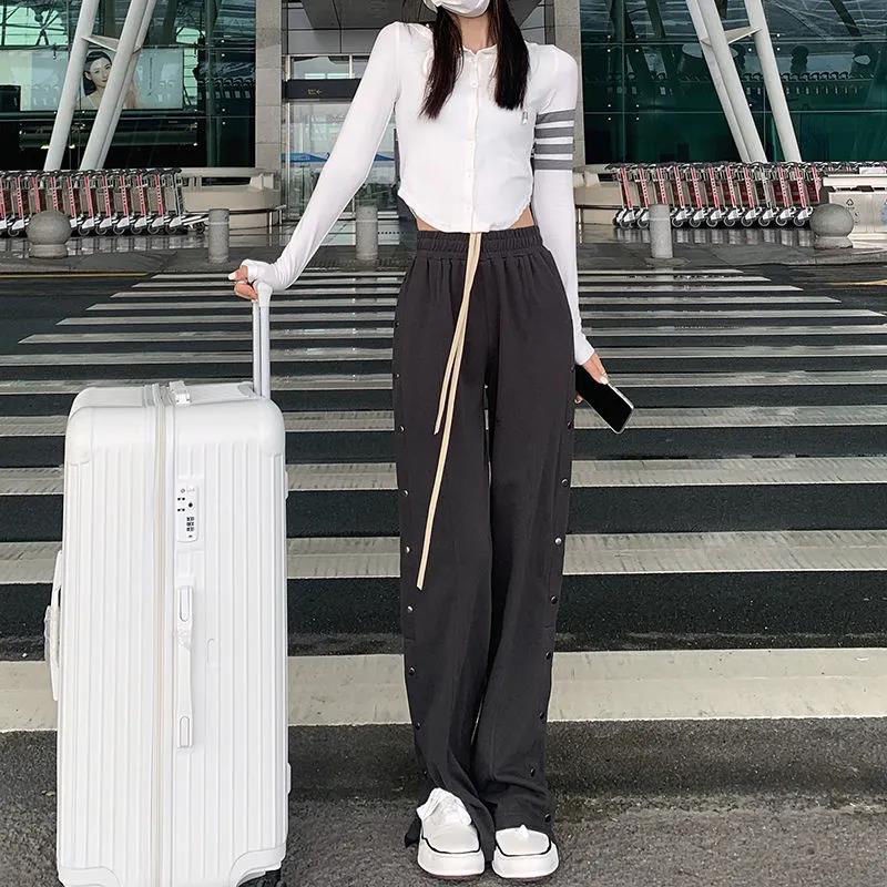 Quần Dài Lưng Cao Dáng Rộng Màu Trơn Cài Nút Thời Trang Hàn Quốc Cho Nữ
