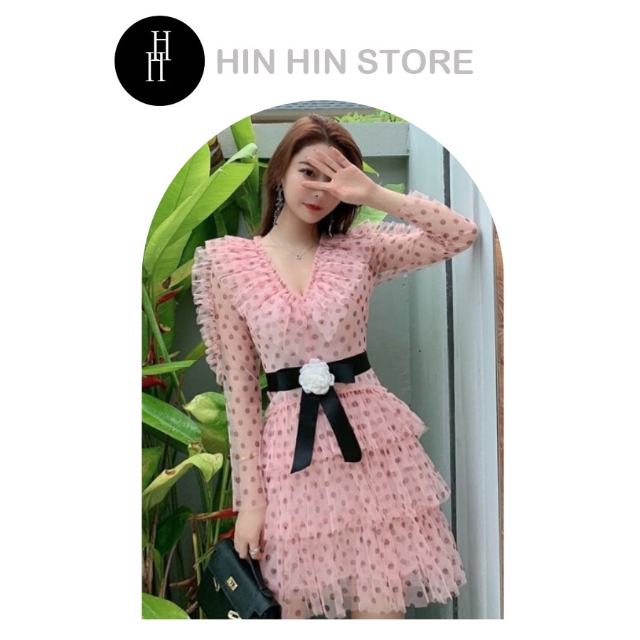Đầm voan hoa bi tầng màu hồng H236 Hỉn Hỉn Store