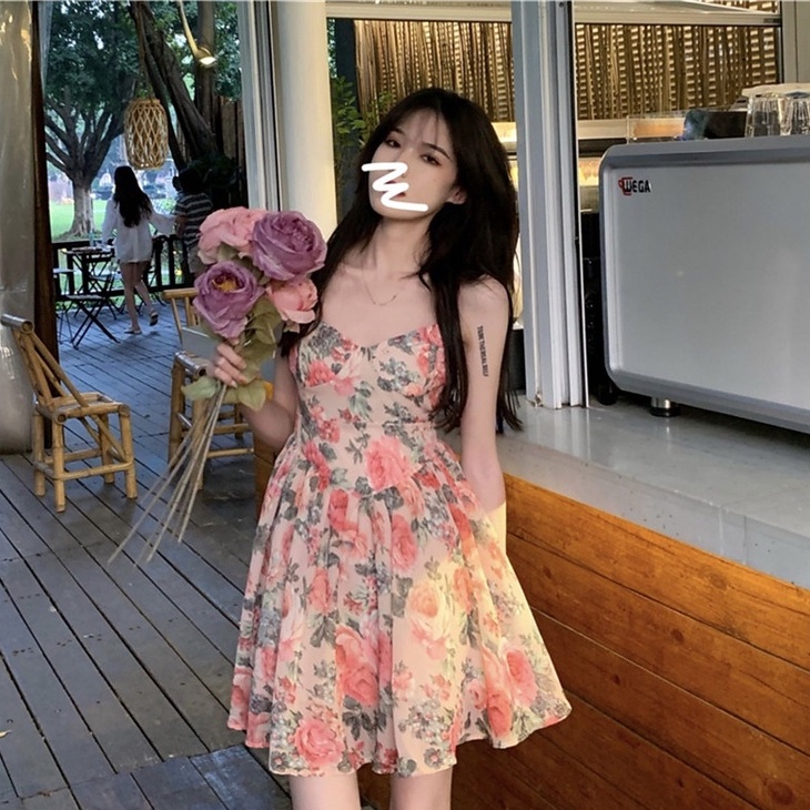 Đầm chiffon hai dây ZHELIHANGFEI nhấn eo họa tiết hoa phong cách sang trọng thời trang