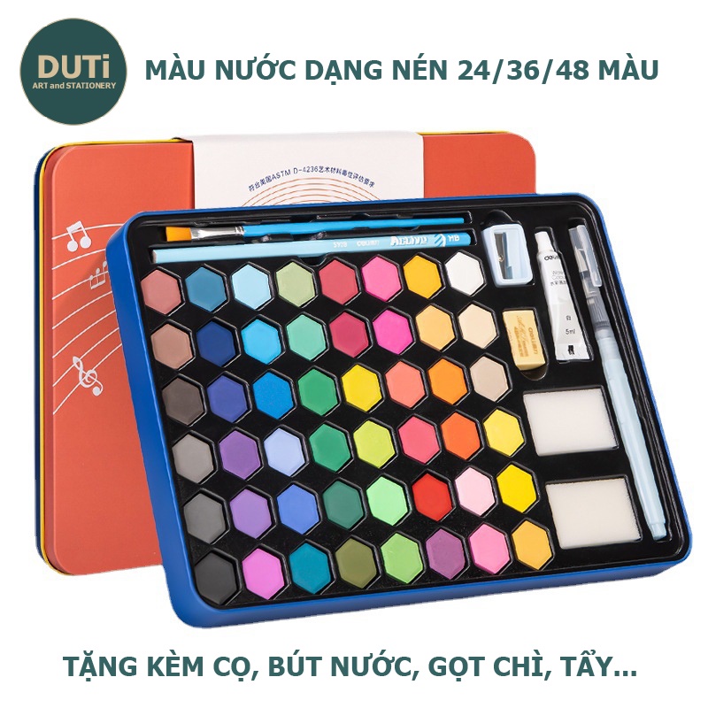 Màu nước dạng nén Deli 24/36/38 màu vẽ tranh phiên bản mới Water color TẶNG kèm 8 dụng cụ chuyên nghiệp
