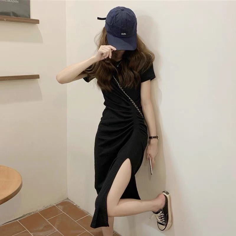 Đầm nữ IELGY tay ngắn dáng ôm màu trơn xẻ tà thời trang Hàn Quốc