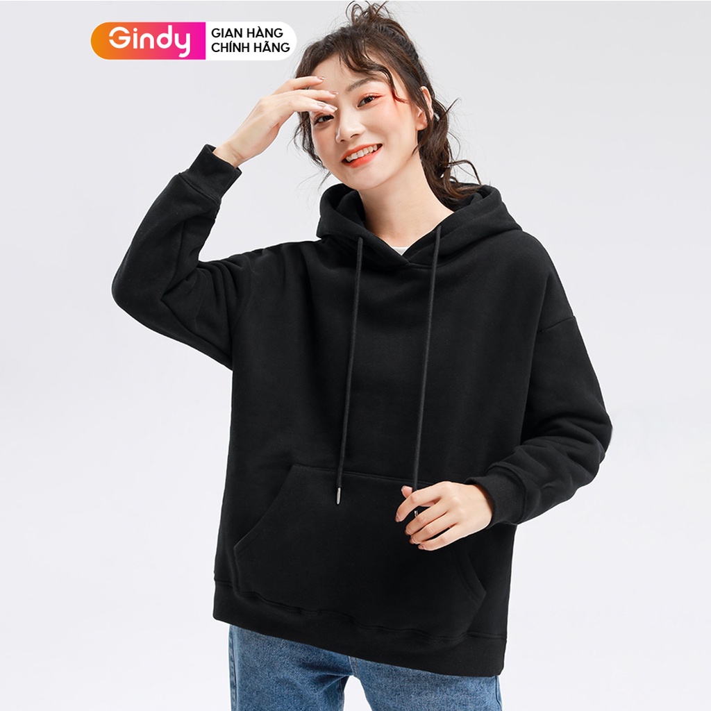 Áo hoodie nỉ bông trơn nữ GINDY dài tay basic form rộng màu trắng và đen chất nỉ thời trang thu đông ấm áp A040