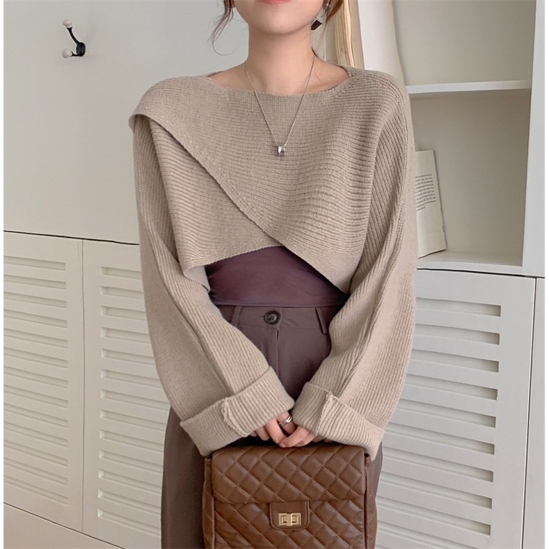 Áo sweater SUXI vải dệt kim tay dài hở vai màu sắc ngọt ngào phong cách Hàn Quốc cho nữ