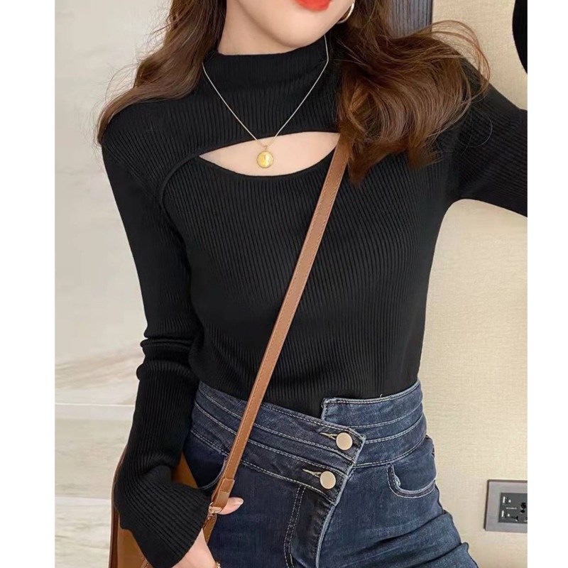 Áo dệt kim RENJIANVSHENG 204152 tay dài cổ cao khoét lỗ thời trang xinh xắn cho nữ