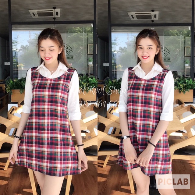 Đầm sọc caro phối sơ mi
