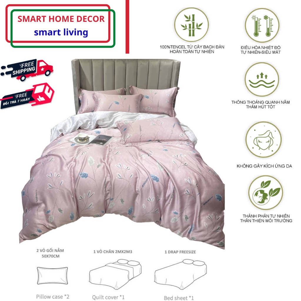 Bộ chăn ga gối 5 món cao cấp 100% Tencel 60s Họa tiết Cây bông lau in kỹ thuật số,chất liệu mềm mát