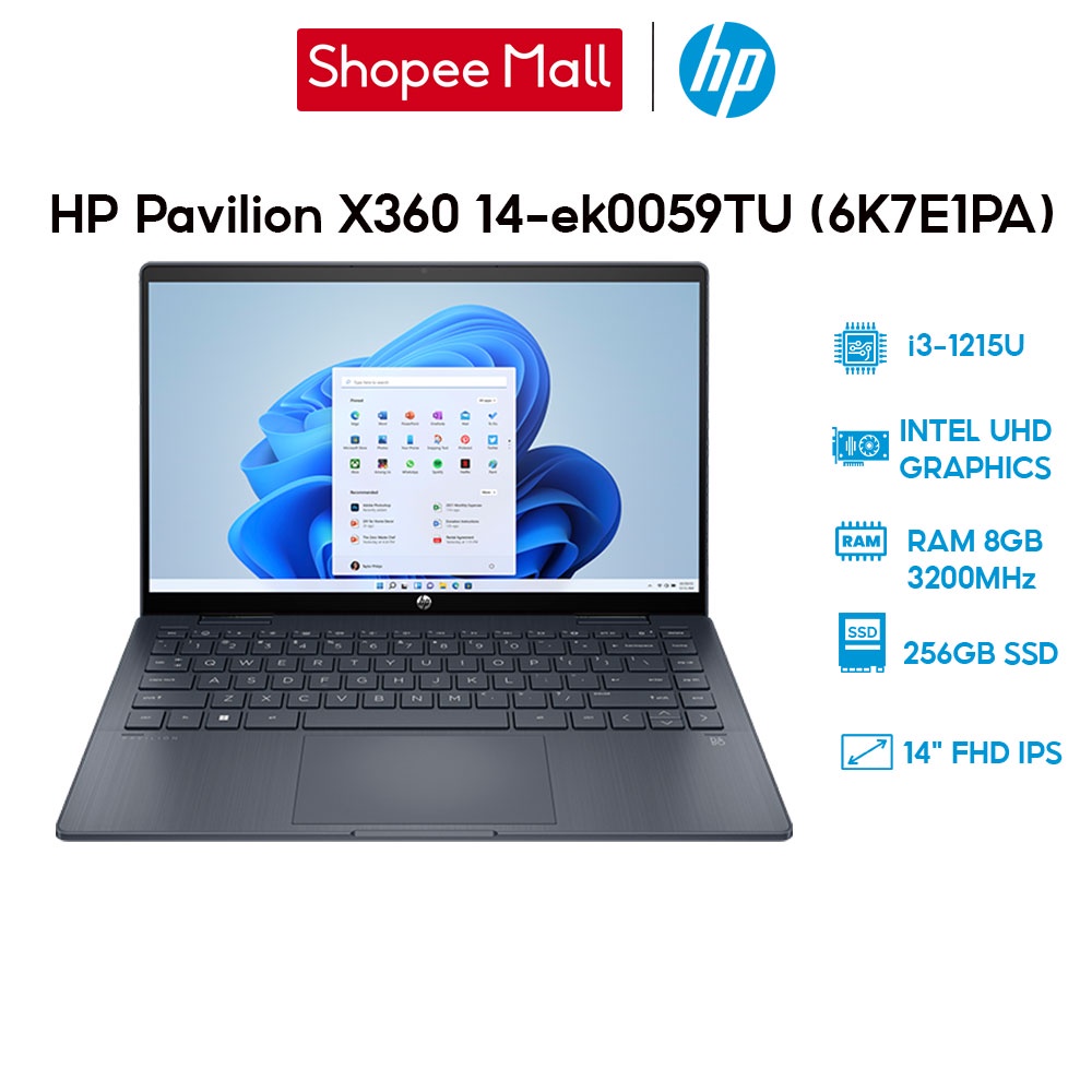 [Mã ELHP128 giảm 12% đơn 10TR] Laptop HP Pavilion X360 14-ek0059TU 6K7E1PA i3-1215U | 8GB | 256GB | 14' FHD Touch | W11
