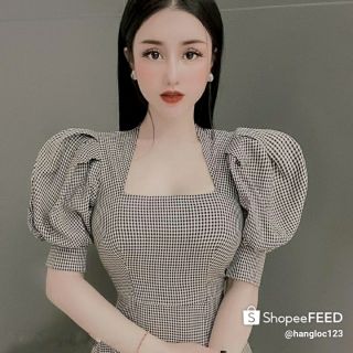 VÁY KẺ CỔ VUÔNG TAY BỒNG