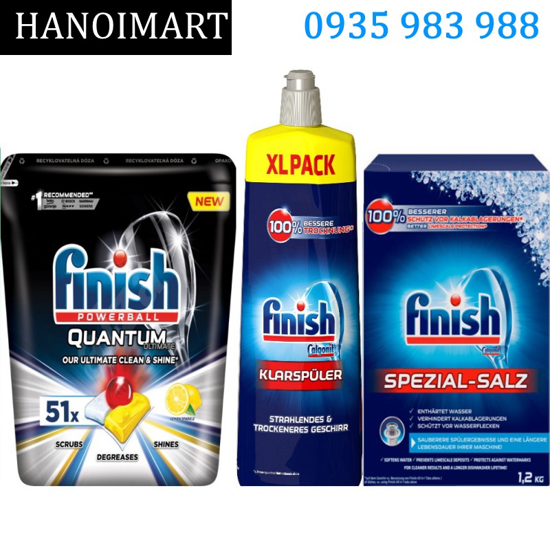 Combo Viên Finish quantum ultimate 51 viên + Muối Finish 1.2kg + Nước làm bóng bát Finish 750ml - HANOIMART