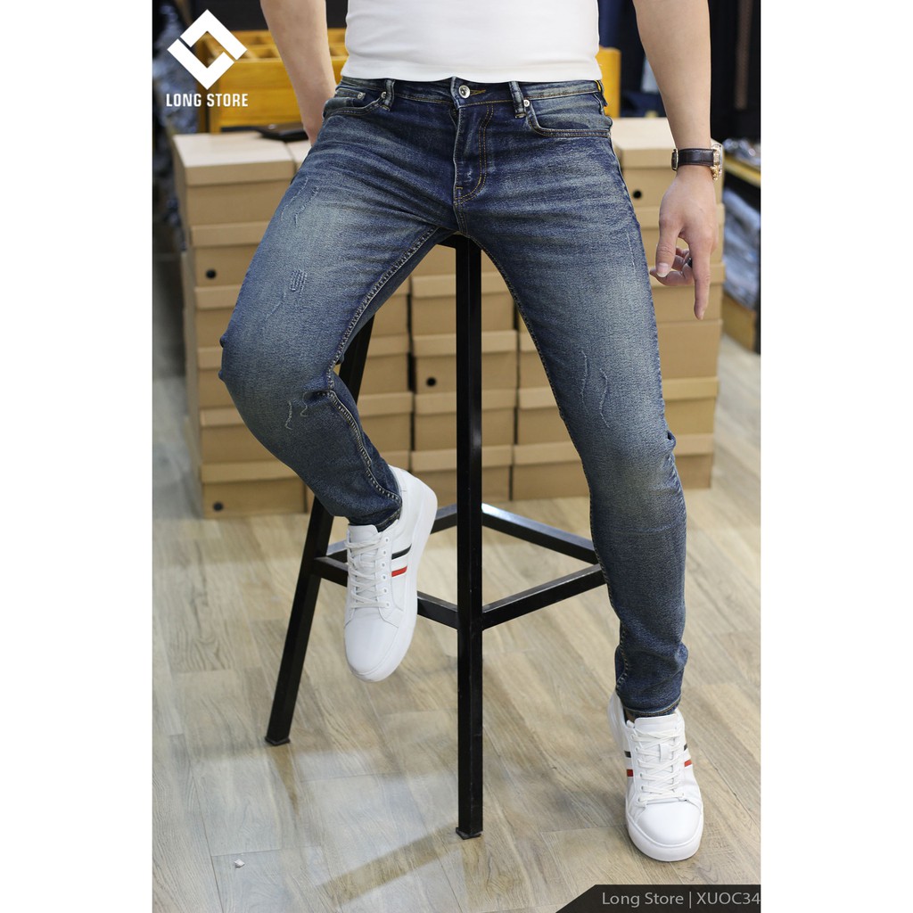 Quần jean nam xước màu xanh biển bụi ✅FREESHIP✅ Quần bò nam dáng ôm SLIMFIT skinny co giãn cao cấp - Xuoc34