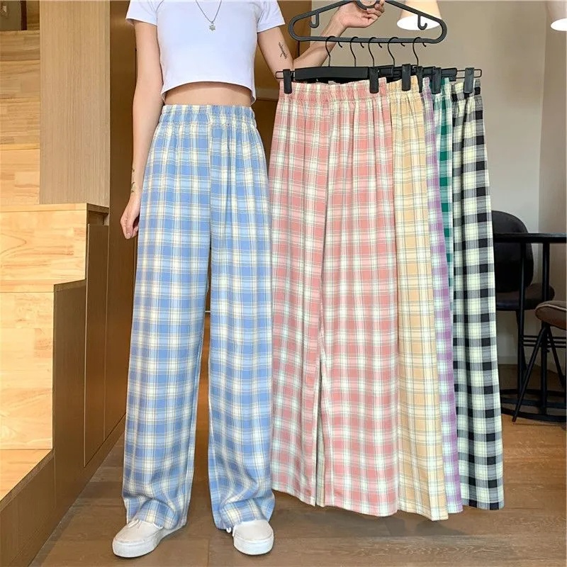 Quần Dài Ống Rộng Họa Tiết Caro Phong Cách Hàn Quốc Thời Trang Cho Nữ Size 37-82kg