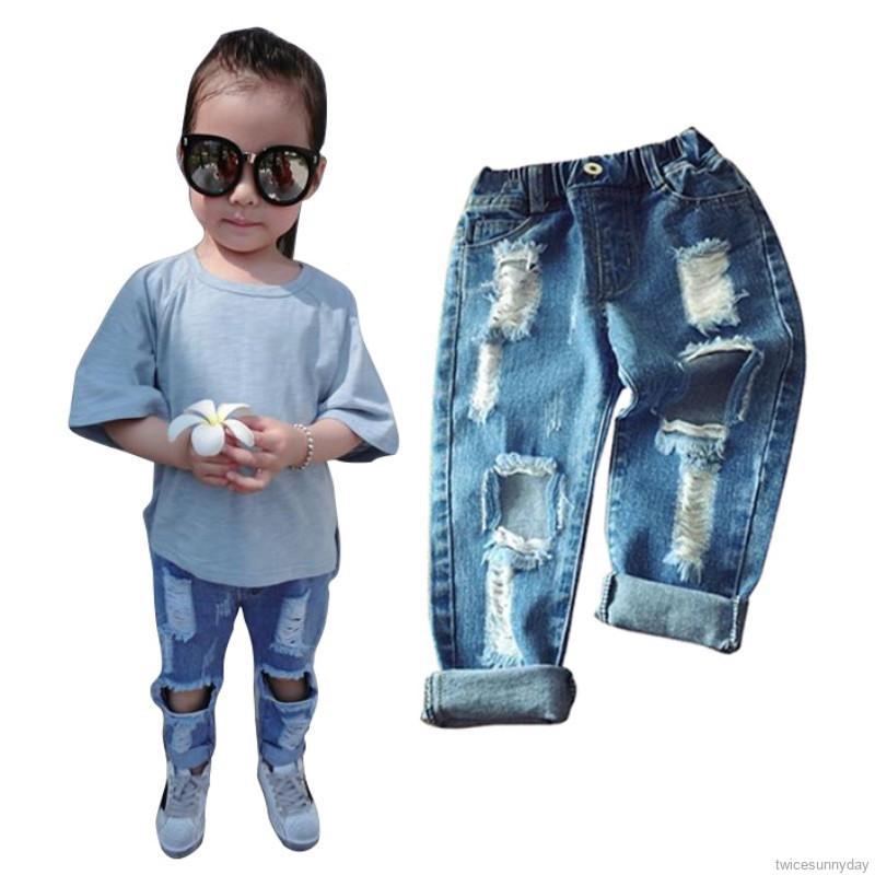 Quần denim dài thiết kế rách gối cá tính thời trang dành cho bé gái