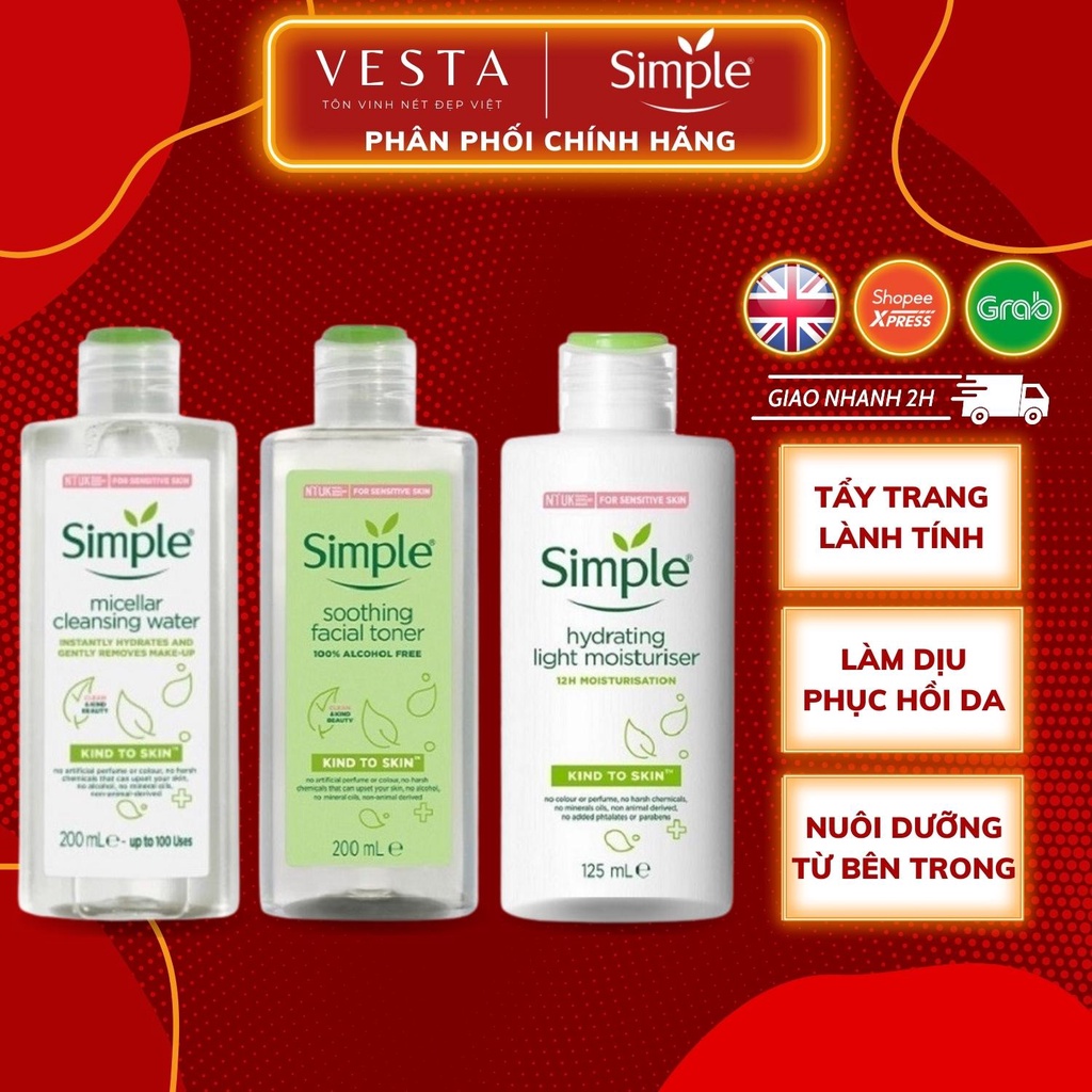 Bộ 3 Simple (Tẩy trang 200ml + Toner 200ml + Sữa Dưỡng 125ml) Giúp Da Sạch Sâu, Cấp Ẩm, Nuôi Dưỡng Da Sáng Khỏe