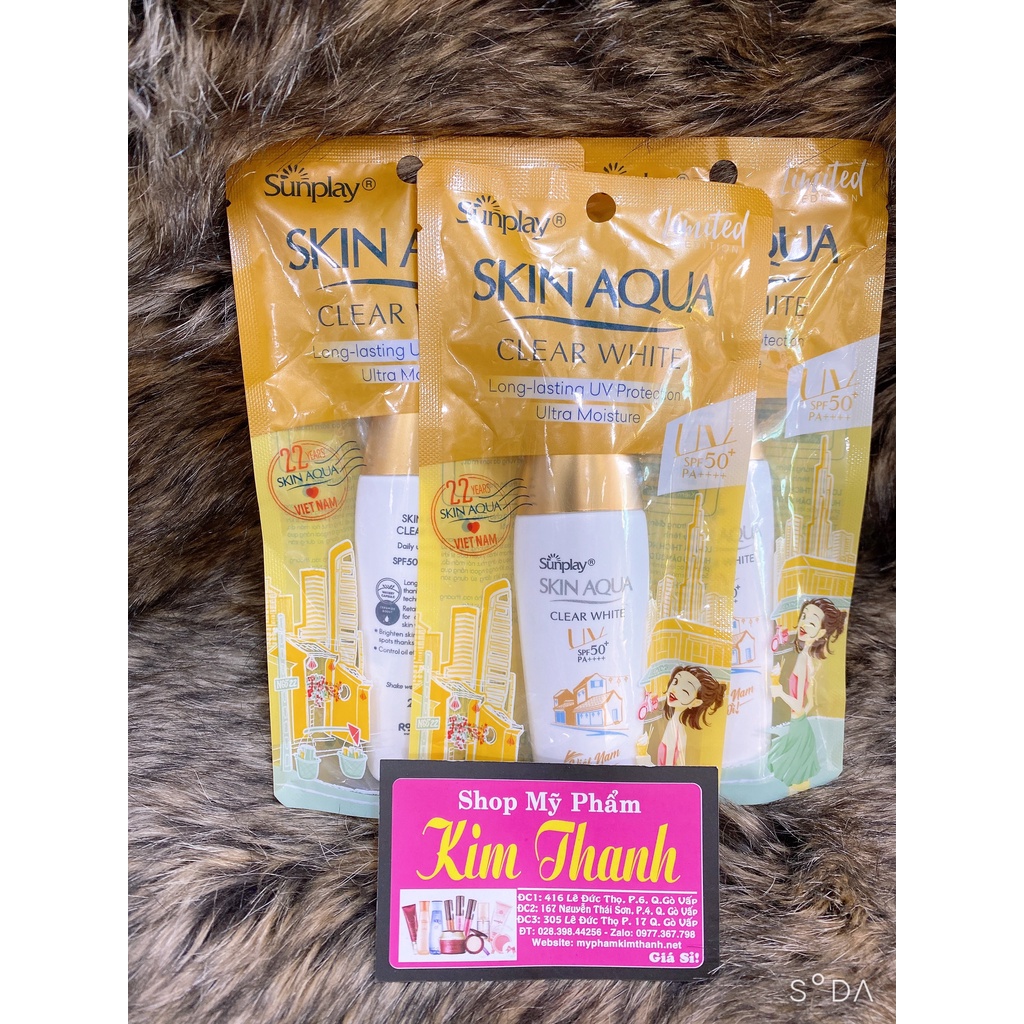 Kem chống nắng Skin Aqua nắp vàng Sunplay Clear White SPF50+ PA++++ 25g, 55g kiểm soát nhờn và dưỡng da sáng mịn