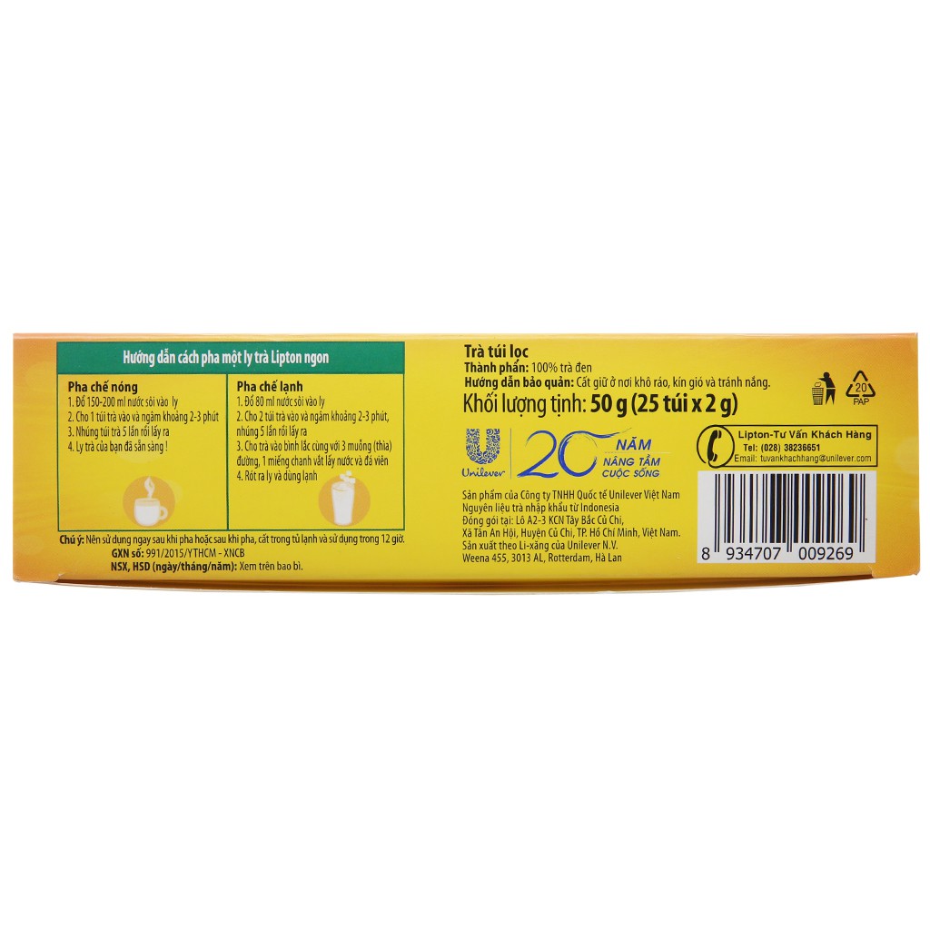 Trà đen Lipton túi lọc nhãn vàng hộp 25 Túi x 2g