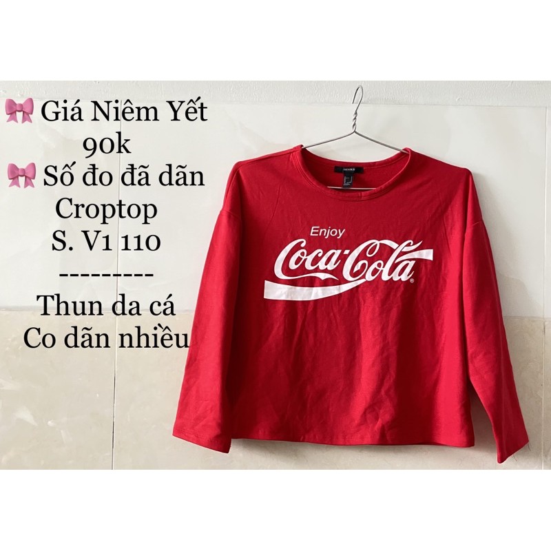 Áo thun croptop lửng nữ f21 tay dài vnxk cocacola đỏ nhũ