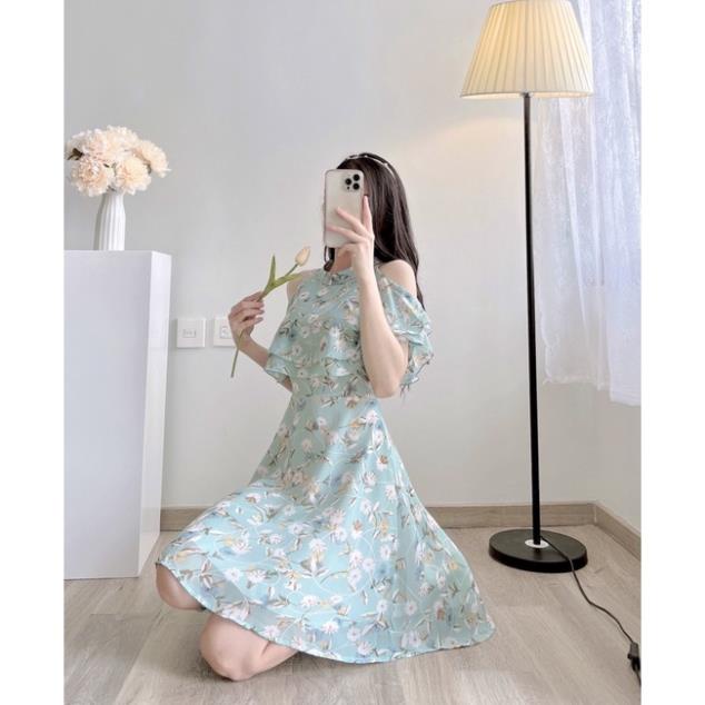Váy Nữ Hoa Nhí Xanh Ngọc Khoét Vai,Đầm Nữ, Đi Biển, Đi Chơi Chất Liệu Voan Lụa Váy 2 Lớp LINSTORE Thiết Kế 98.Studio