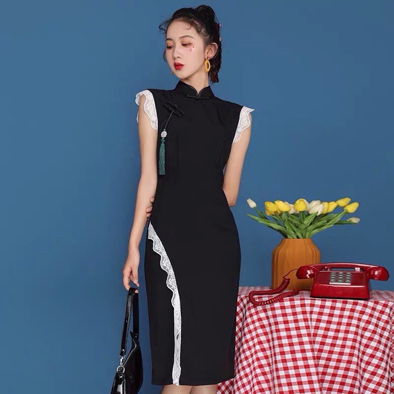 Sườn Xám Phối Voan Vạt Chéo