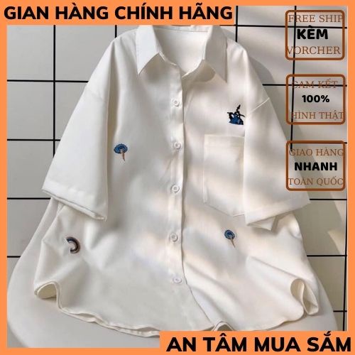 Áo sơ mi cộc tay thêu hình ngộ nghĩnh nữ 🍀áo sơ mi nữ UNISEX ,chất thô mềm chuẩn form  phong cách hàn quốc THỜITRANG1989