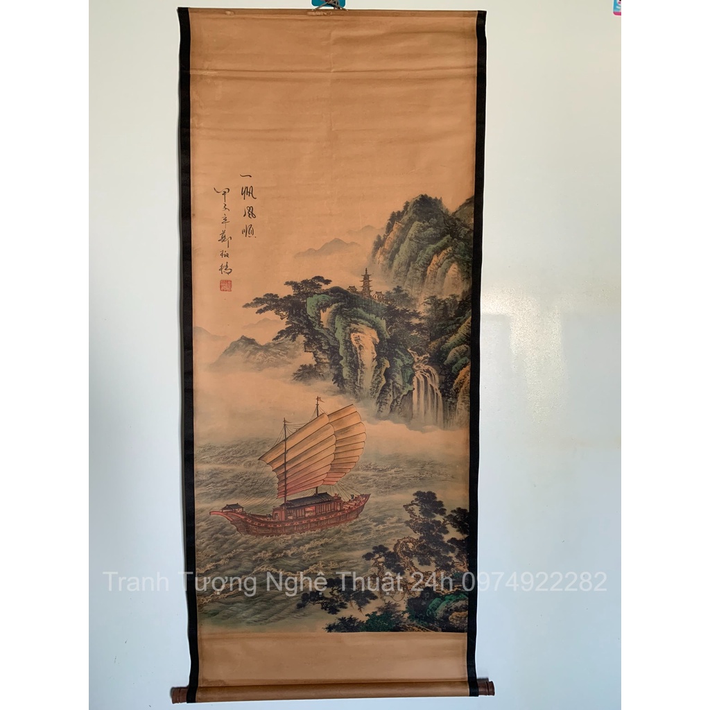 Tranh giả cổ phong thủy Thuận buồm xuôi gió, Tranh giấy xuyến chỉ viền bo lụa size lớn 155 x 74cm