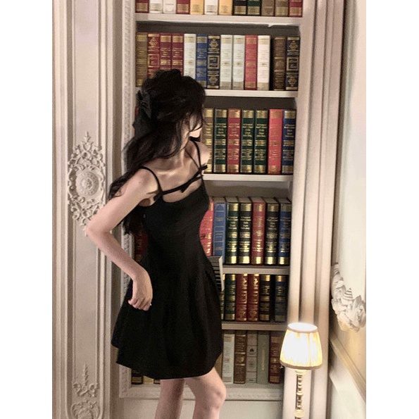 Đầm Ngắn Hai Dây Màu Đen Đính Nơ Phong Cách Pháp Thời Trang Mùa Hè Cho Nữ
