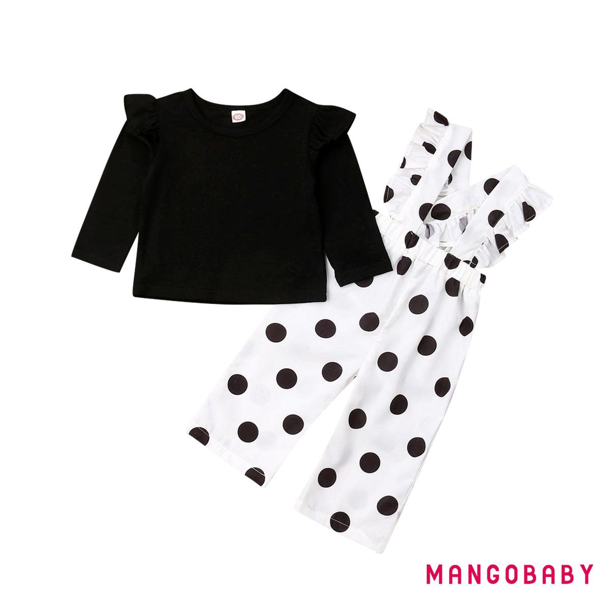 MG-Infant Toddler Baby Girl Outfits Long Sleeve T-Shirt Tops + Ruffle Polka Dots Suspenders Pants 2Pcs Set
