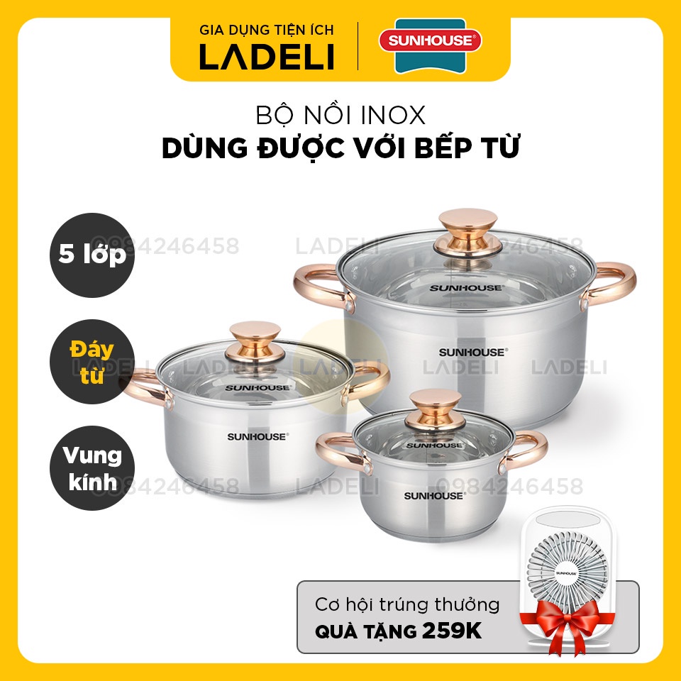 Bộ nồi inox 5 đáy SUNHOUSE SH781 vung kính đáy từ