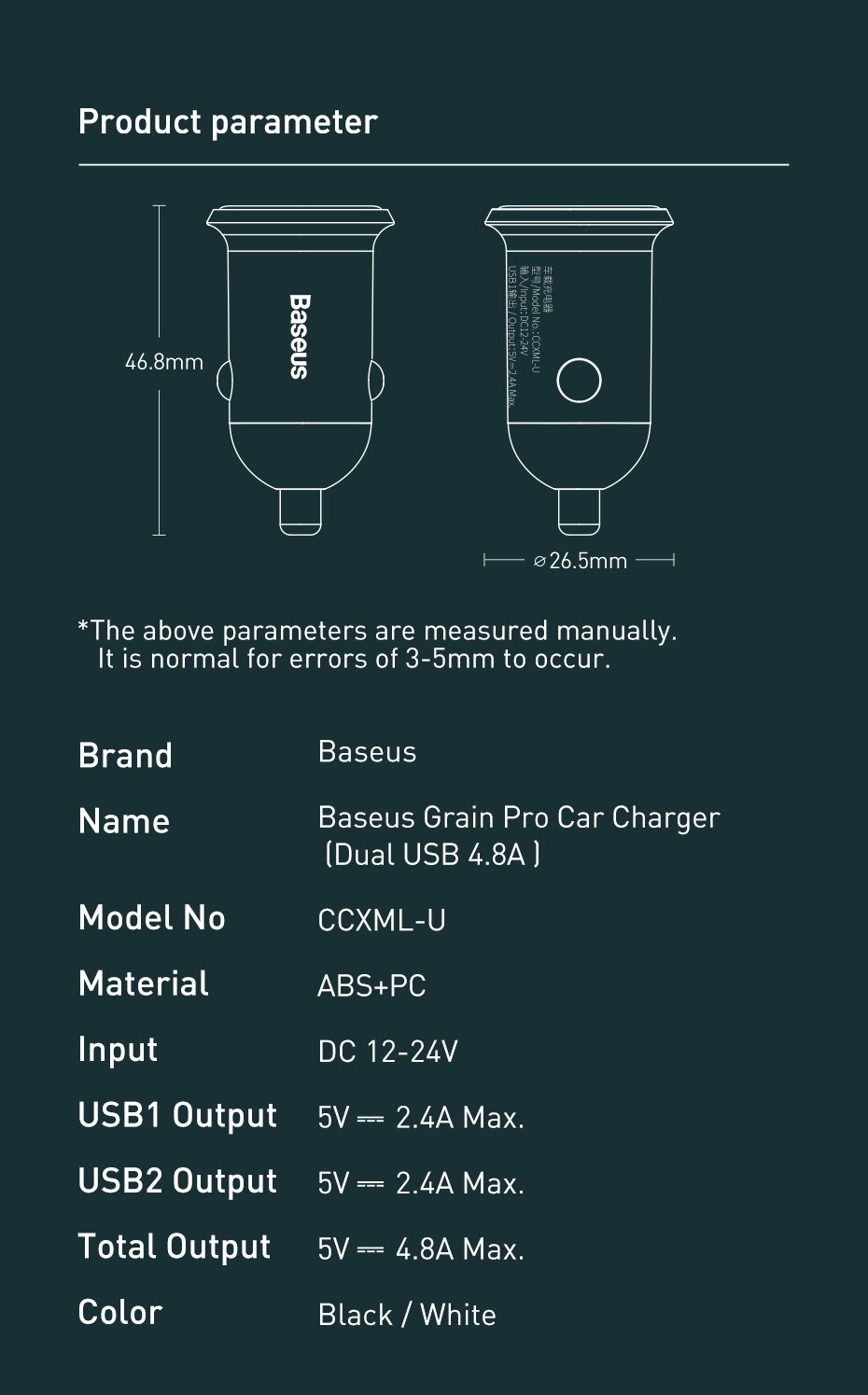 Cóc Sạc Ô Tô Mini Kép 2 Cổng USB 4.8A Baseus Sạc Nhanh Cho Điện Thoại