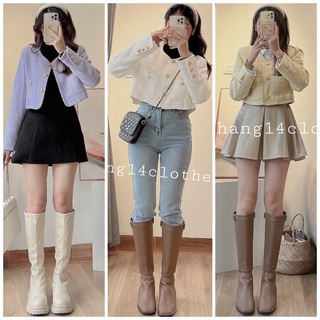 Áo dạ tweed cúc đồng dáng croptop tiểu thư sang chảnh