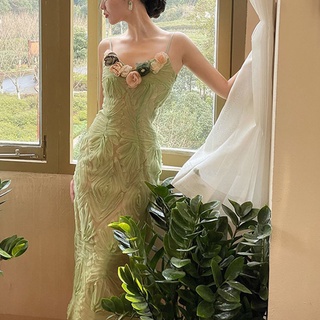 Đầm xanh dài 2 dây phối lưới đính hoa nổi tiểu thư siu đẹp (có hình thật)