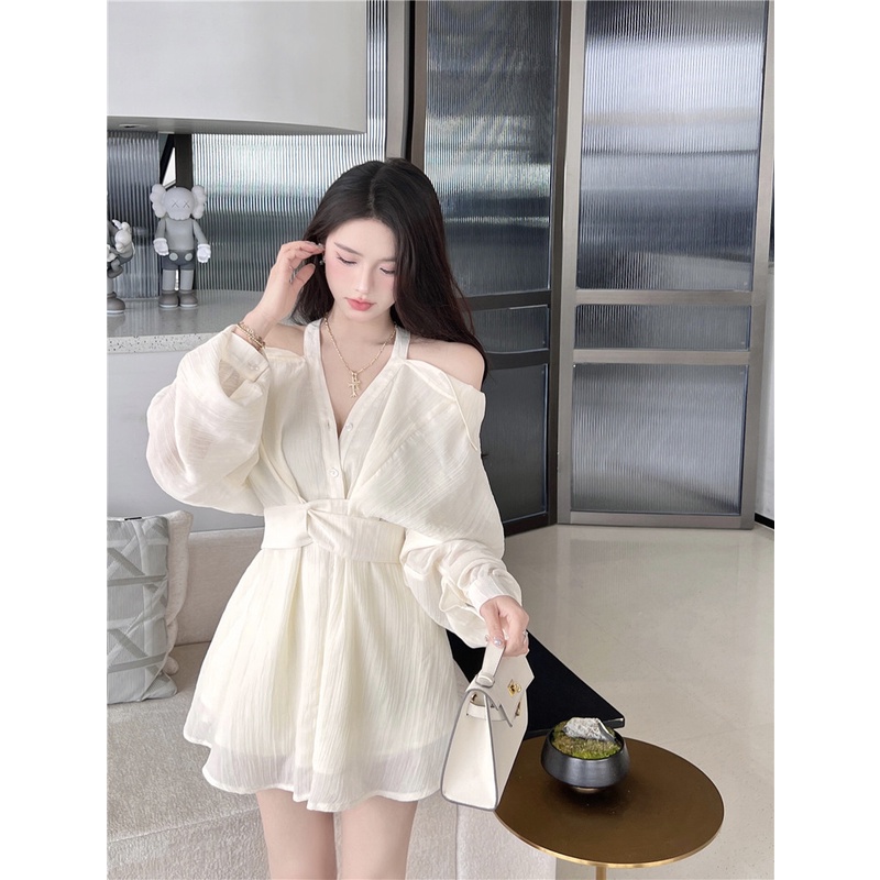 Đầm trễ vai sơ mi dáng xoè dự tiệc dạo phố điệu đà ulzzang MS Charming 007