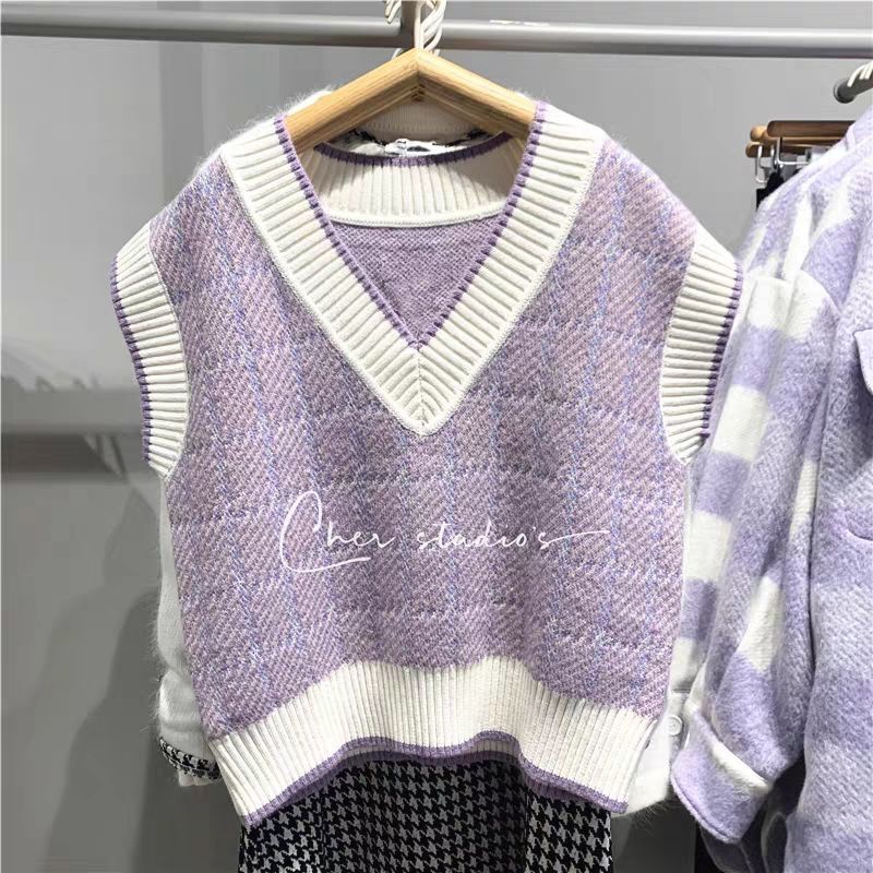 Áo dệt kim không tay cổ chữ V dáng ôm họa tiết sọc caro thời trang trẻ trung dành cho nữ