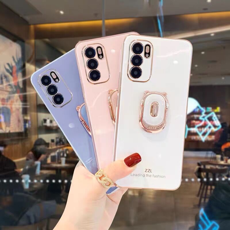 Ốp điện thoại viền dẻo mạ màu kèm giá đỡ hình chú gấu cho OPPO RENO6 RENO6 Z 5G RENO6 PRO 5G RENO6 5G