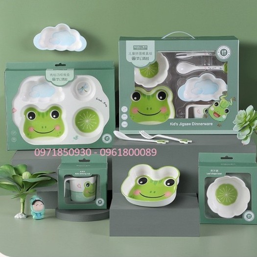 Set 7 Món Khay, Bát, Cốc, Dĩa và Thìa Ăn Dặm Hữu Cơ Tự Nhiên SHALL Cao Cấp Cho Bé - Ếch Xanh