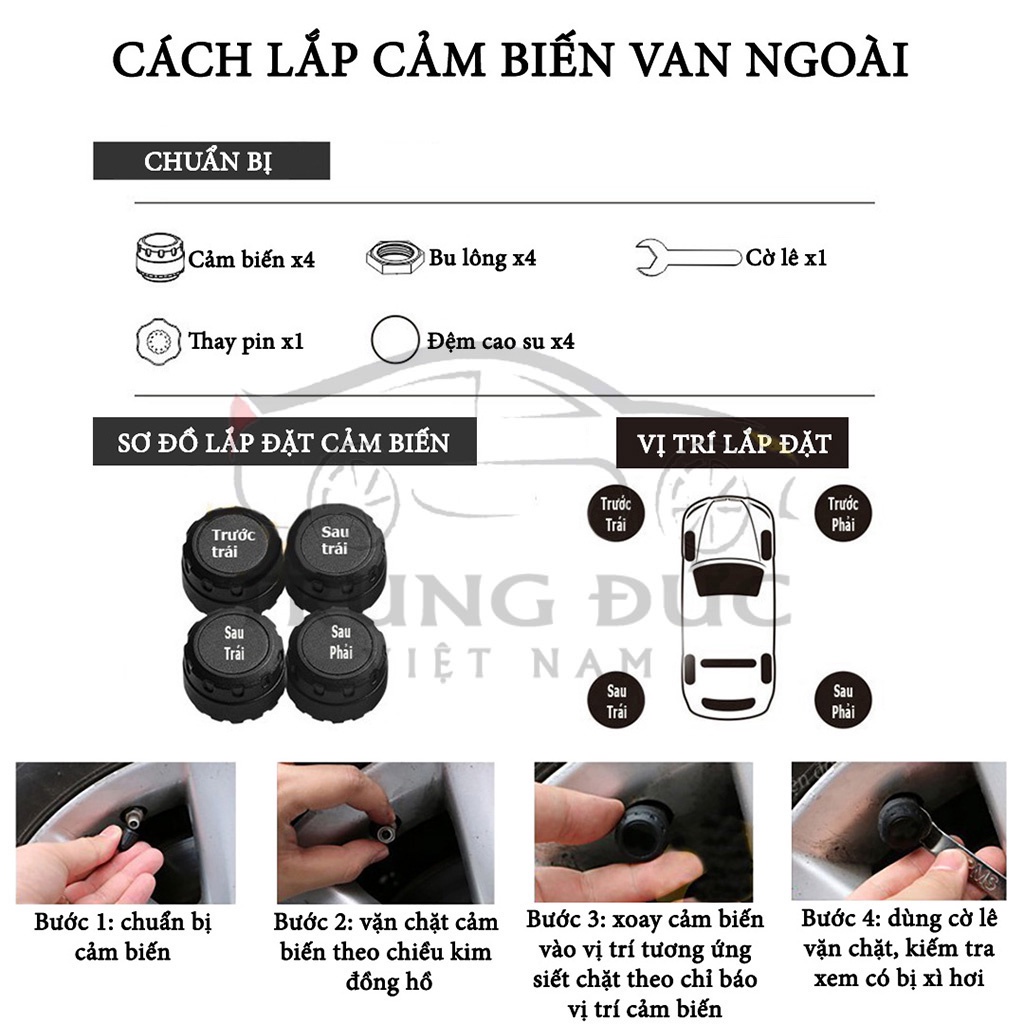 Cảm biến áp suất lốp ô tô xe hơi TRUNGDUCVN gắn ngoài cao cấp Car365, Pin sạc năng lượng mặt trời, màn hình LCD