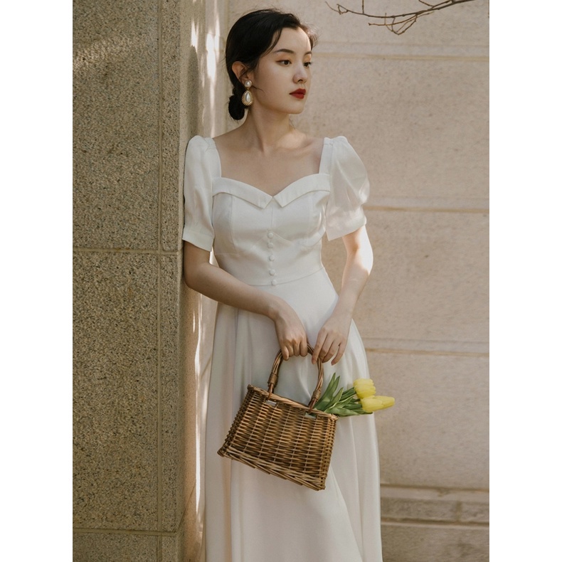 Flora Dress - Váy trắng tay bồng FORYOU dàng dài phối cổ vuông, đầm thiết kế dự tiệc | BigBuy360 - bigbuy360.vn