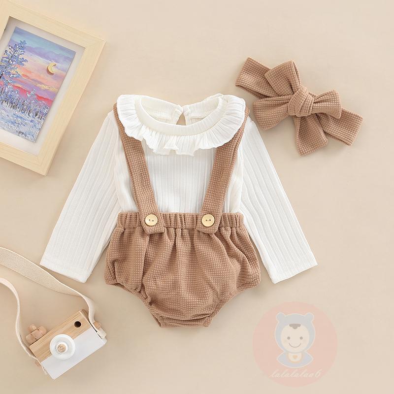 Set Áo Thun Tay Dài Cổ Thuyền Phối Bèo + Quần Short Yếm Màu Trơn Thời Trang Mùa Hè Xinh Xắn Cho Bé Gái LAA6-Baby