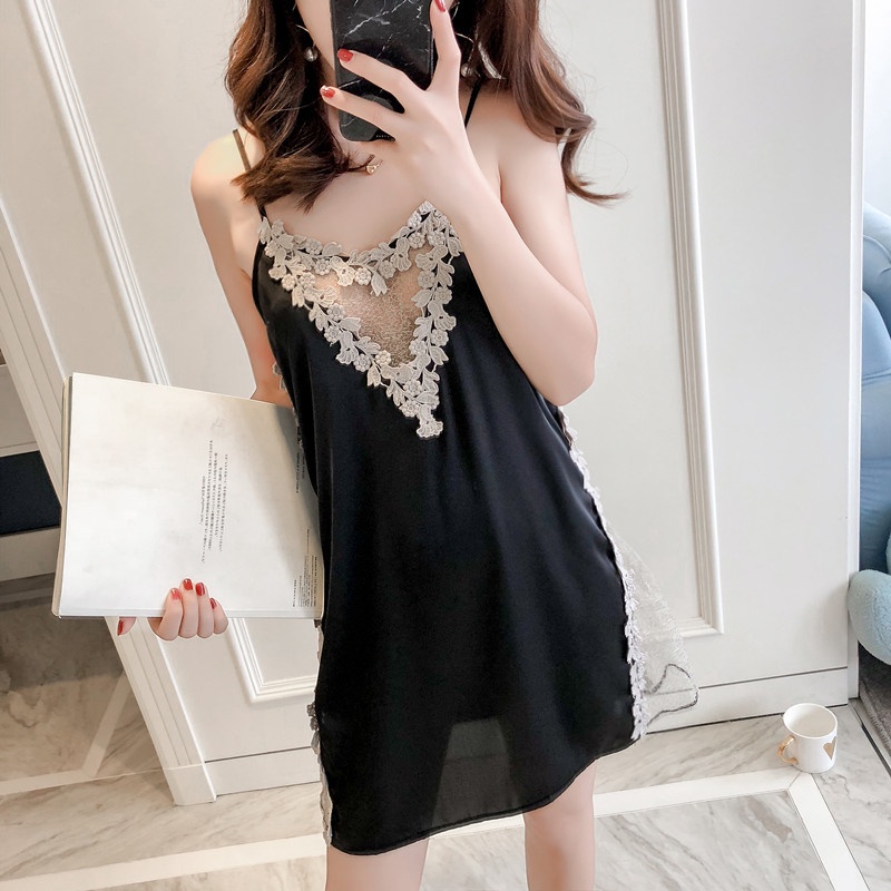 Đầm ngủ sexy 2 dây lụa phối ren ngực họa tiết trái tim dễ thương váy mặc nhà xẻ tà đùi gợi cảm đáng yêu BIKI HOUSE N151