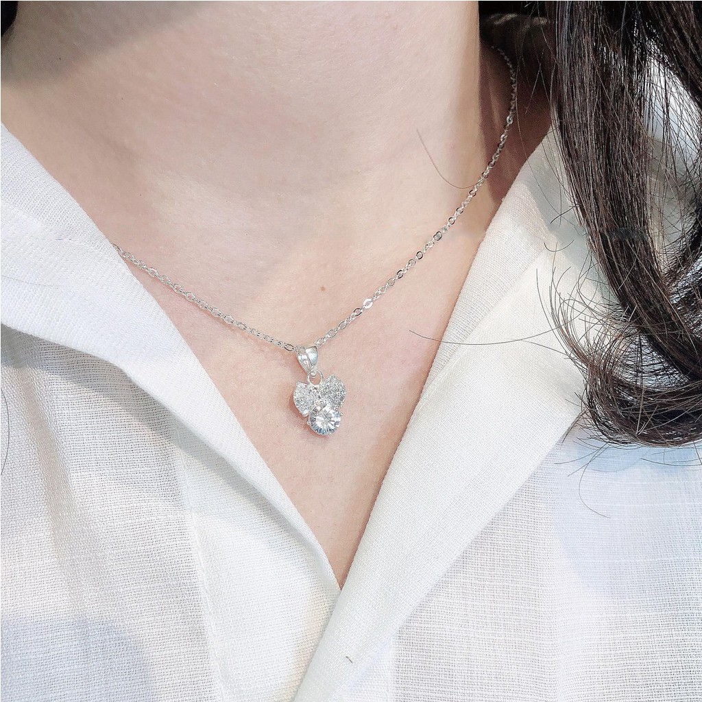 Dây Chuyền Bạc Nữ S925 CaoBac Silver Họa Tiết Nơ Phối Kèm Ổ Đá To Cao Cấp