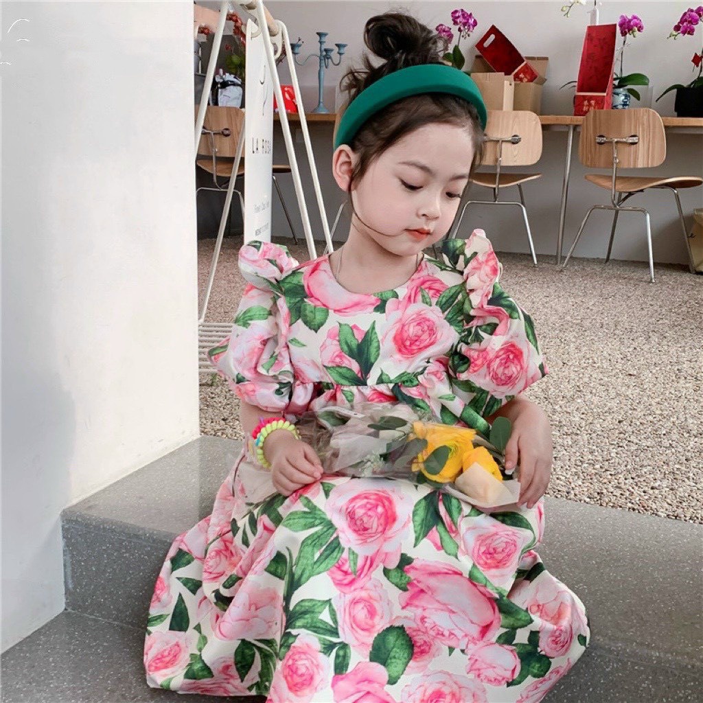 (10-30kg)Váy tiểu thư hoa hồng cho bé gái