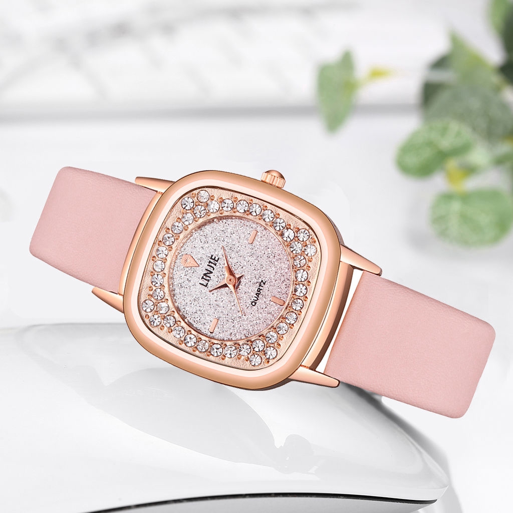 Đồng hồ mặt vuông đính đá phối dây da thời trang cho nữ